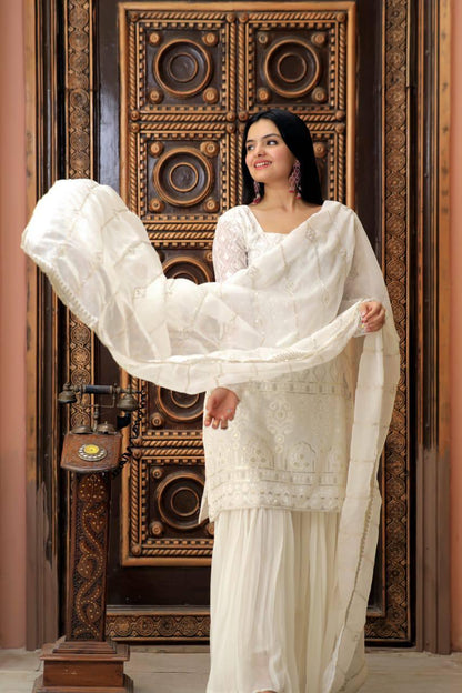 White Premium Designer Readymade Top-Sharara-Dupatta Collection - Inayakhan Shop 