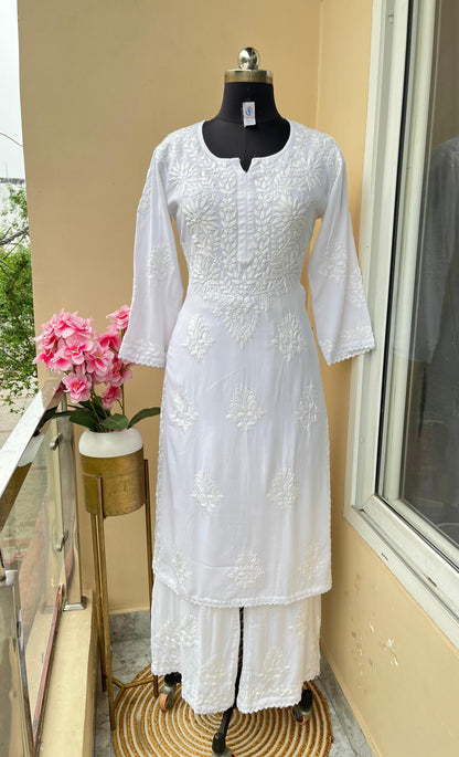 White Premium Rayon Lucknow Chikankari Kurti and Pallazo Set - Inayakhan Shop 