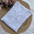 White Premium Viscose Lucknow Chikankari Mukaish Hand Work Nyra Cut Kurti