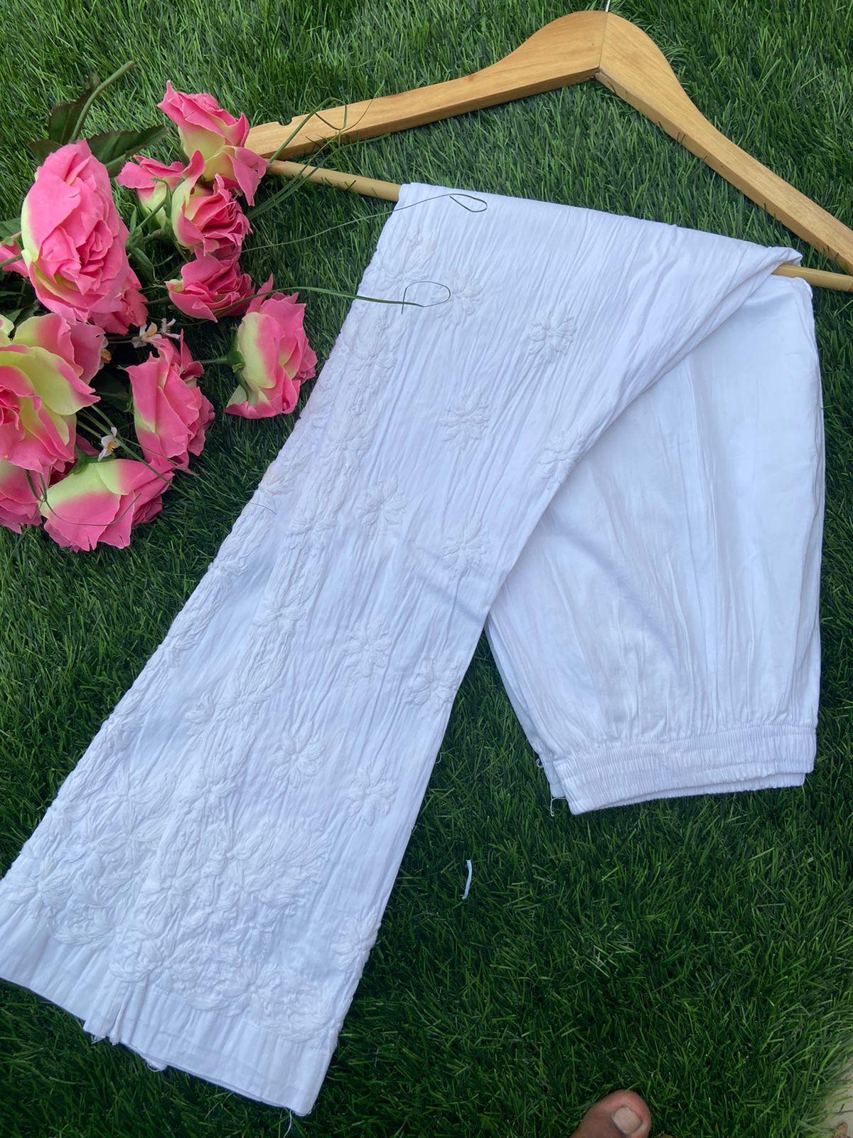 White Pure Premium Muslin Chikankari Kurti with Mukaish Work & Lycra Pant Set - Inayakhan Shop 