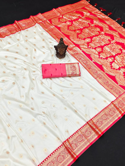 White and red pure Banarasi silk saree with rich zari woven pallu and matching blouse