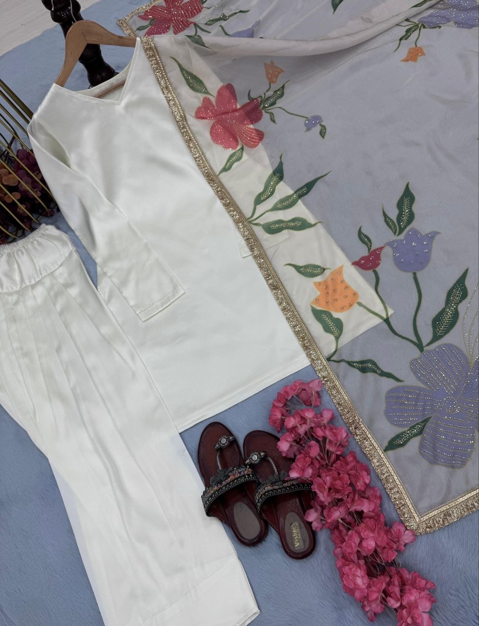 White silk top with farshi plazzo and floral organza dupatta