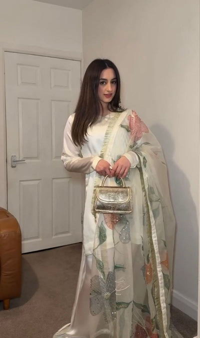White Silk Farshi Plazzo Suit with Floral Organza Dupatta