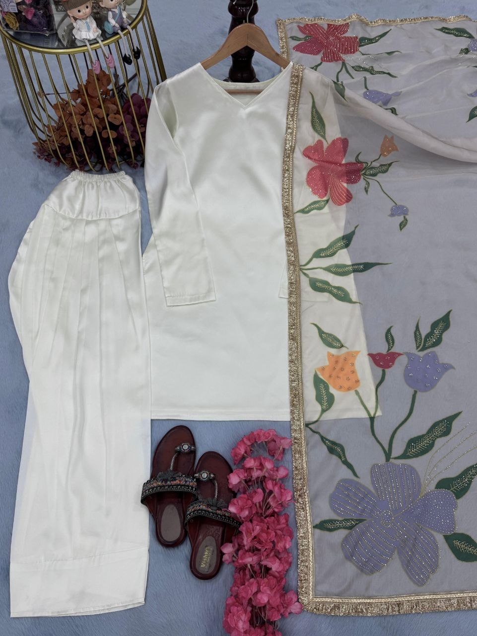 White Japan satin silk top plazzo set with printed organza dupatta