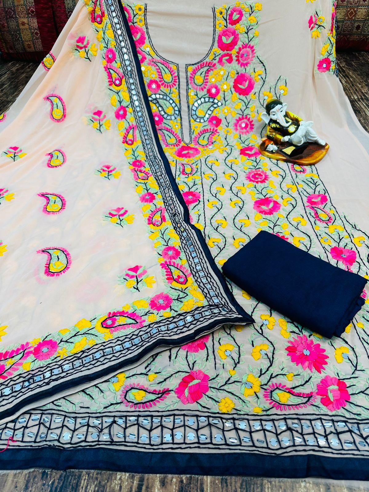 White Super Georgette Phulkari Suits with Beautiful Embroidery Shopping Online - Inayakhan Shop 