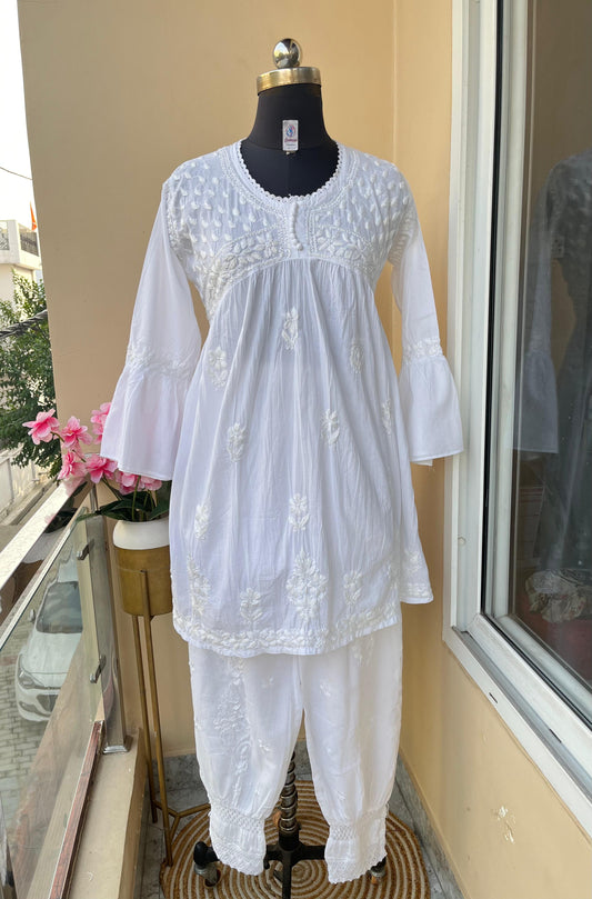 White Vibrant Dyeable Mul Mul Cotton Kurti & Afgani Pant Cord Set (Premium Quality) - Inayakhan Shop 