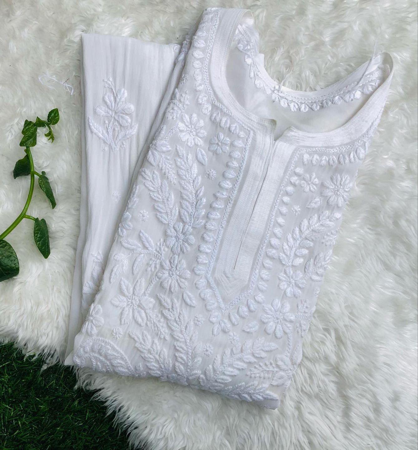 White Viscose Chikankari Kurti with 3-D Thread Handwork Embroidery Latest Online - Inayakhan Shop 