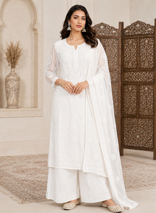 White Viscose 3D Work Handcrafted Lucknow Chikankari Set