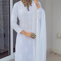 Elegant 3 pc White Ethereal Dyeble Modal Chikankari Kurta Set up to 5XL