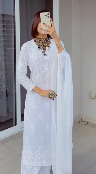 Elegant 3 pc White Ethereal Dyeble Modal Chikankari Kurta Set up to 5XL