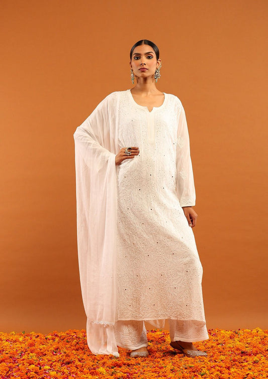 White Lucknowi Chikankari Viscose Mukesh Jaal Work 3 PC Kurti Set