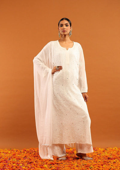 White Lucknowi Chikankari Viscose Mukesh Jaal Work 3 PC Kurti Set