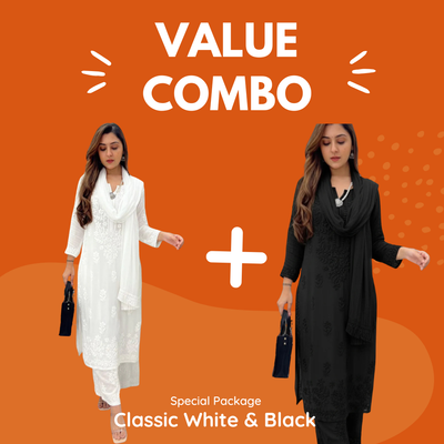 Value Combo Classic White and Black 3 pc Chikankari Sets