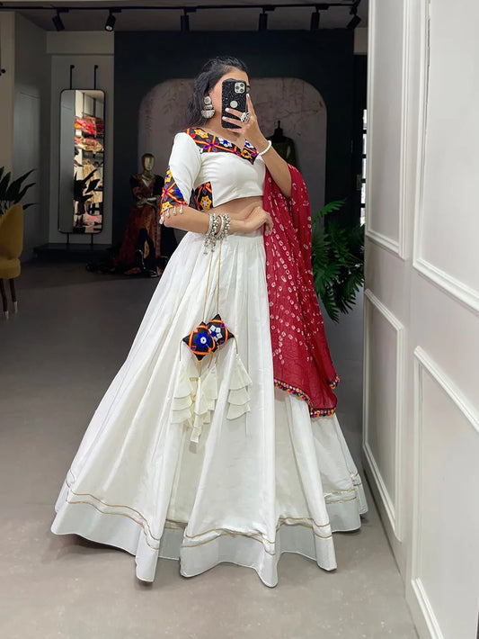 White Navratri Cotton Chaniya Choli with Bandhej Silk Dupatta for Garba