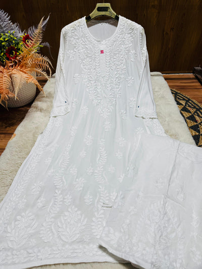 Classic White Plus Size Lucknow Chikankari Modal Kurti with Palazzo Set