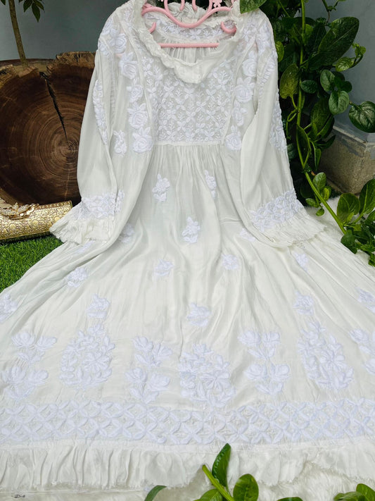 White Super Soft Pure Muslin Lucknow Chikankari Gown with Lycra Pants