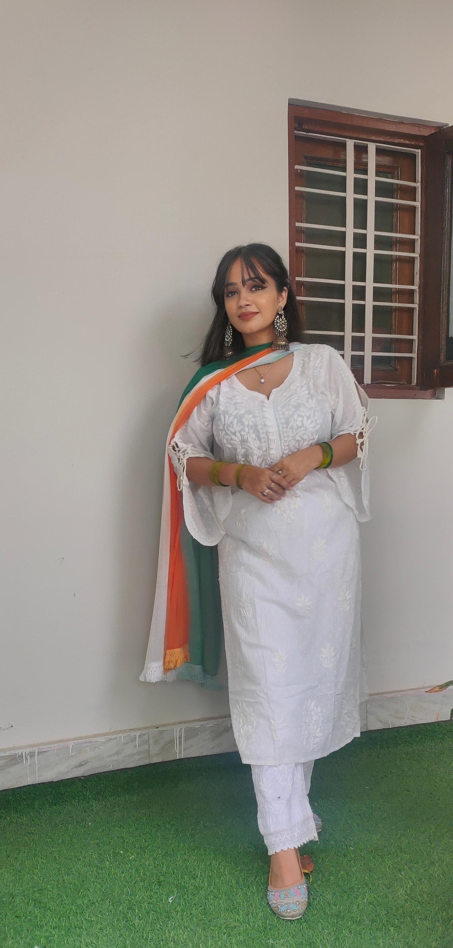 Independence Day White Kurti Palazzo Set with Indian Flag Dupatta