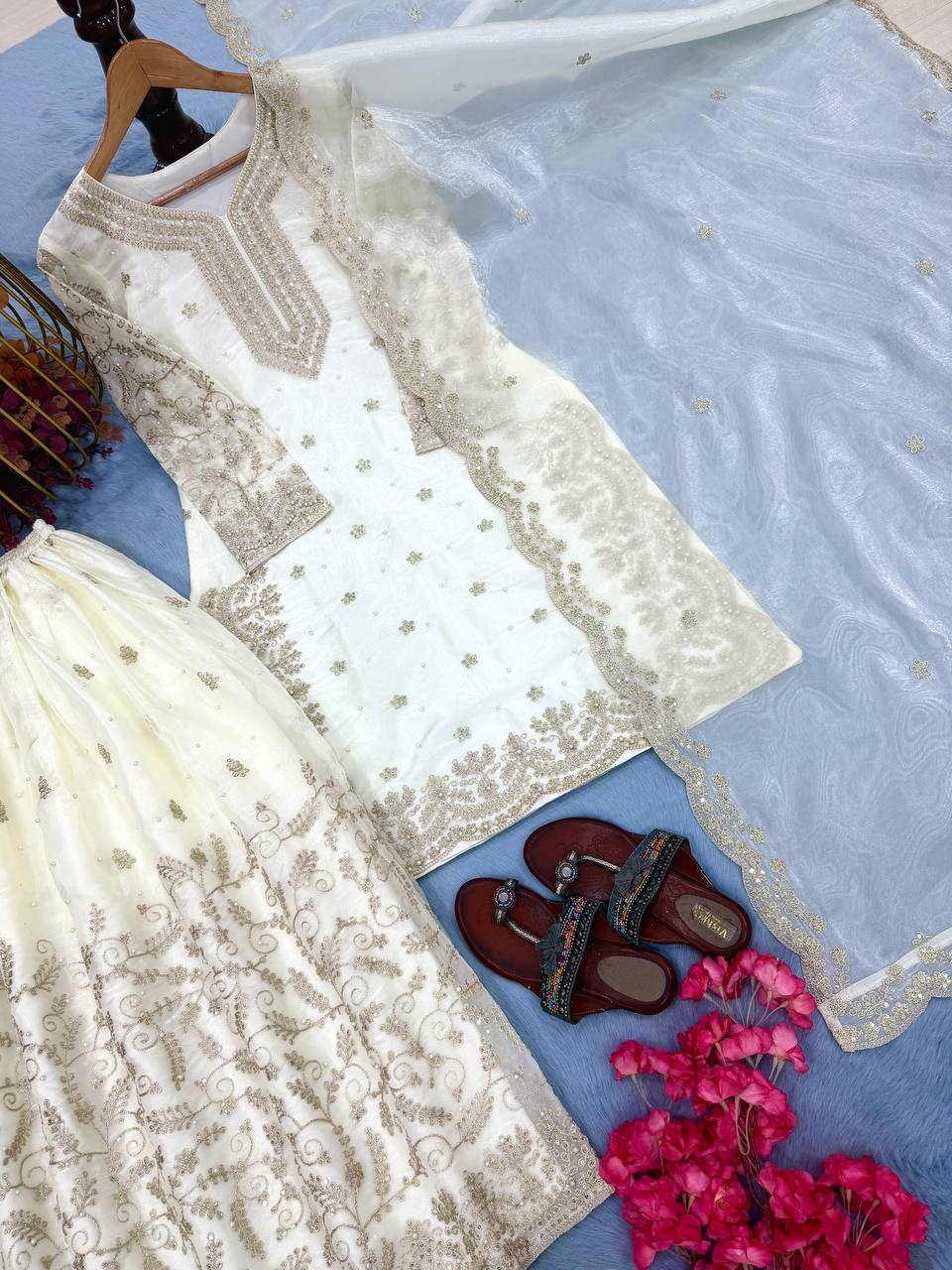 White Ethereal Silk Embroidered Ensemble Eid Special