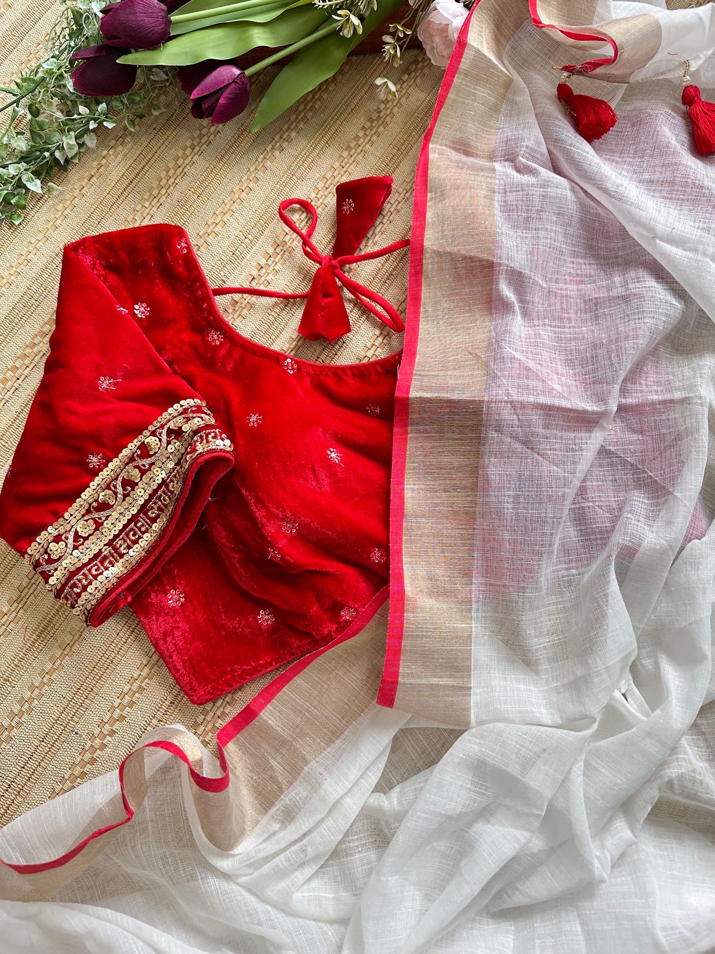 Durga Puja Special Red & White Khadi Linen Saree with Velvet Blouse with Petticoat