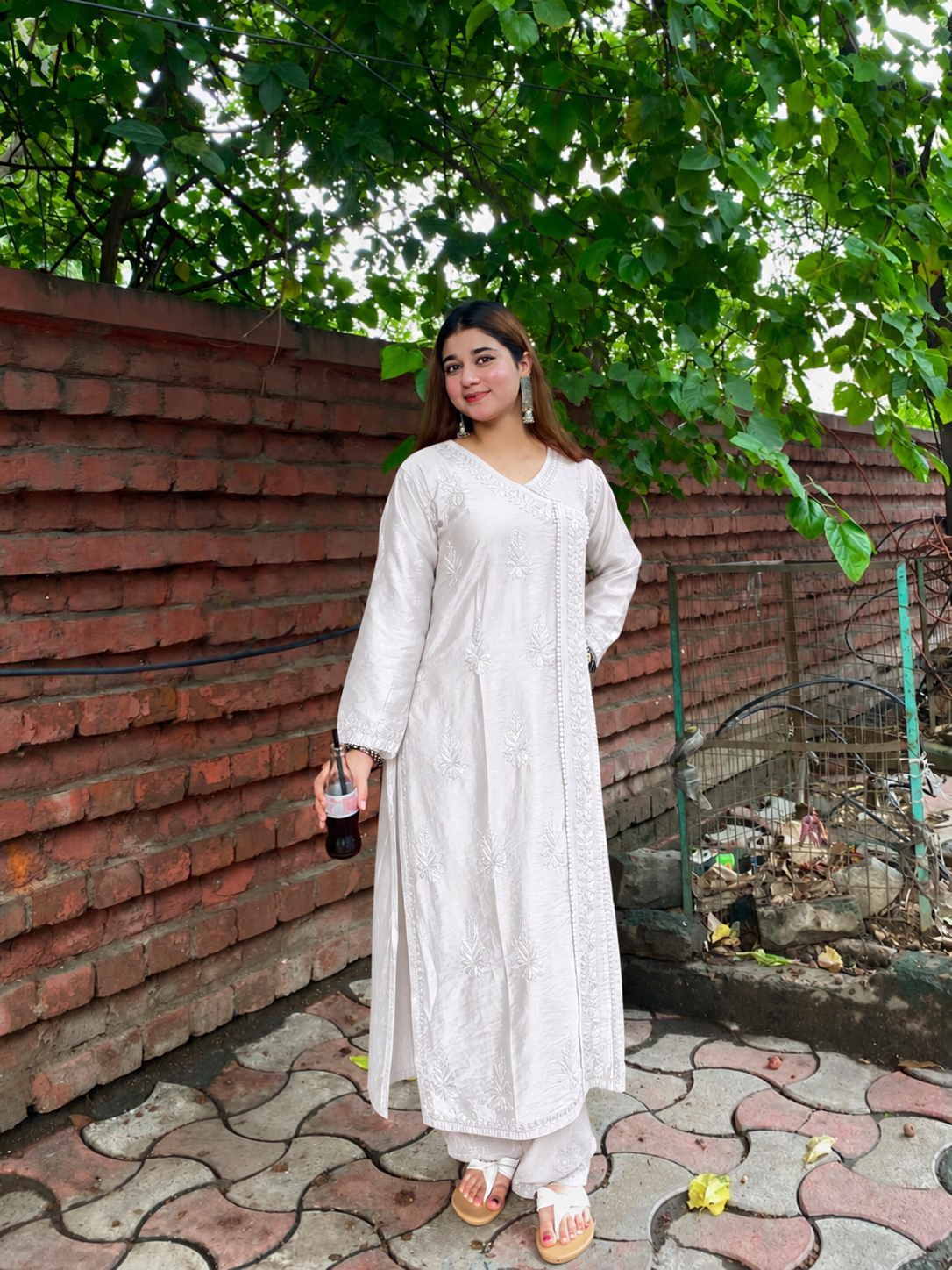 Classic White Chanderi Silk Lucknow Chikankari Kurti & Lace Pant Set (NEW)
