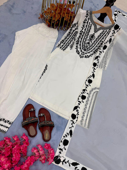 Elegant White Embroidered Crepe Farshi Salwar Suit Set