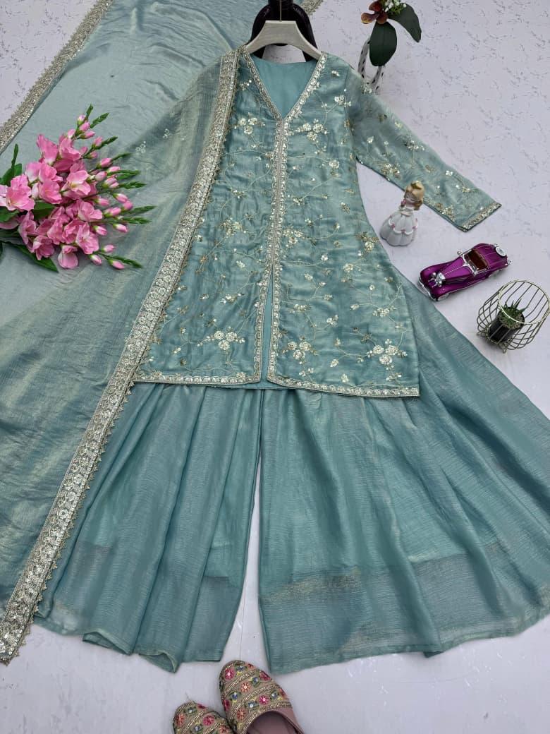 Green Glimmer & Grace: Embroidered Silk Sharara Suit Set