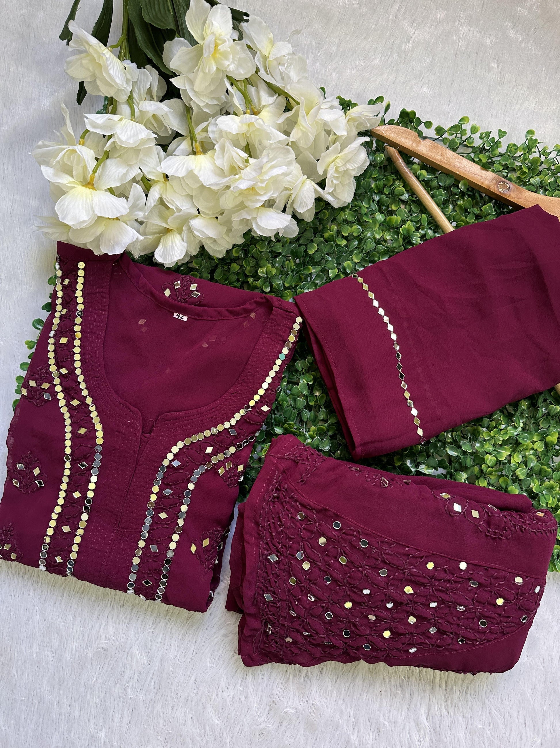 Wine Best Seller Georgette Mirror Gala Booti Chikankari Set with Beautiful Handwork Embroidery - Inayakhan Shop 