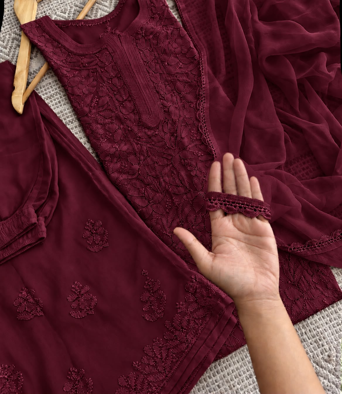 Wine burgundy Resham viscose jaal kurti palazzo and dupatta embroidery details