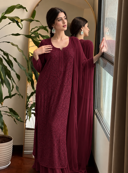 Wine burgundy Resham viscose jaal kurti palazzo and dupatta set on model