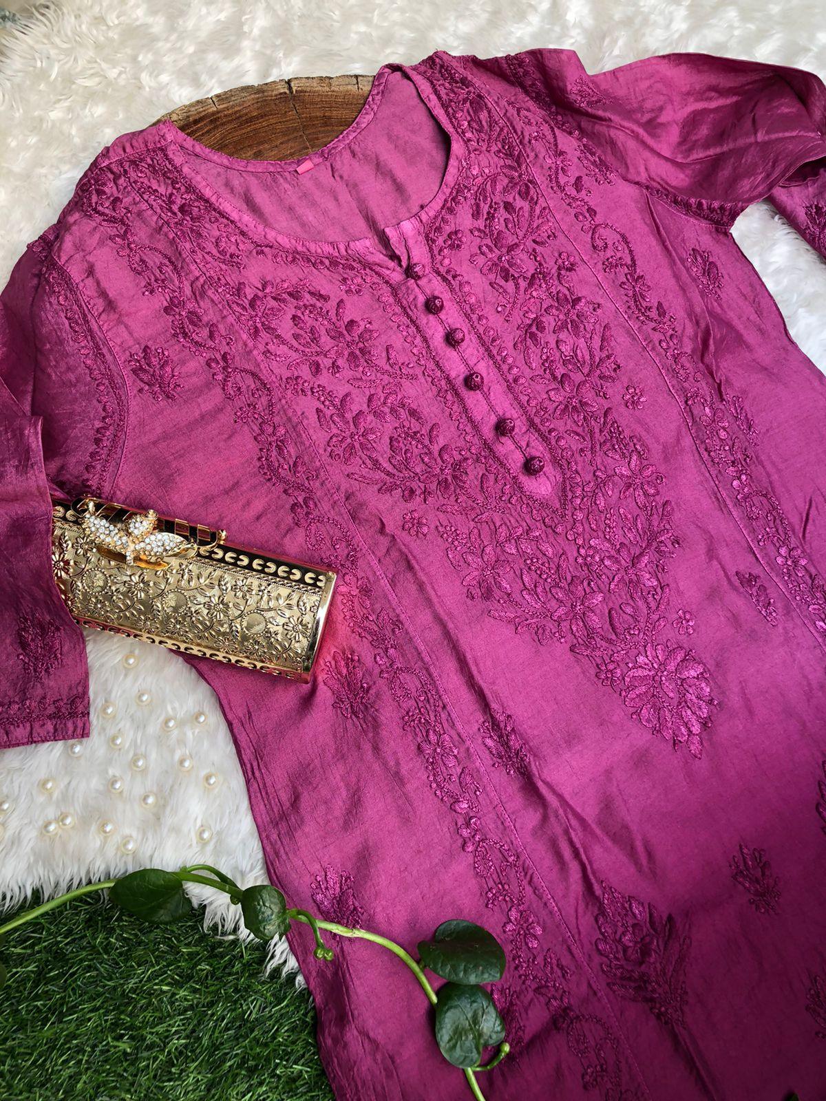 Wine Chanderi Charm: Dyeable Kalidaar Kurti with Lycra Chikankari Pant - Inayakhan Shop 