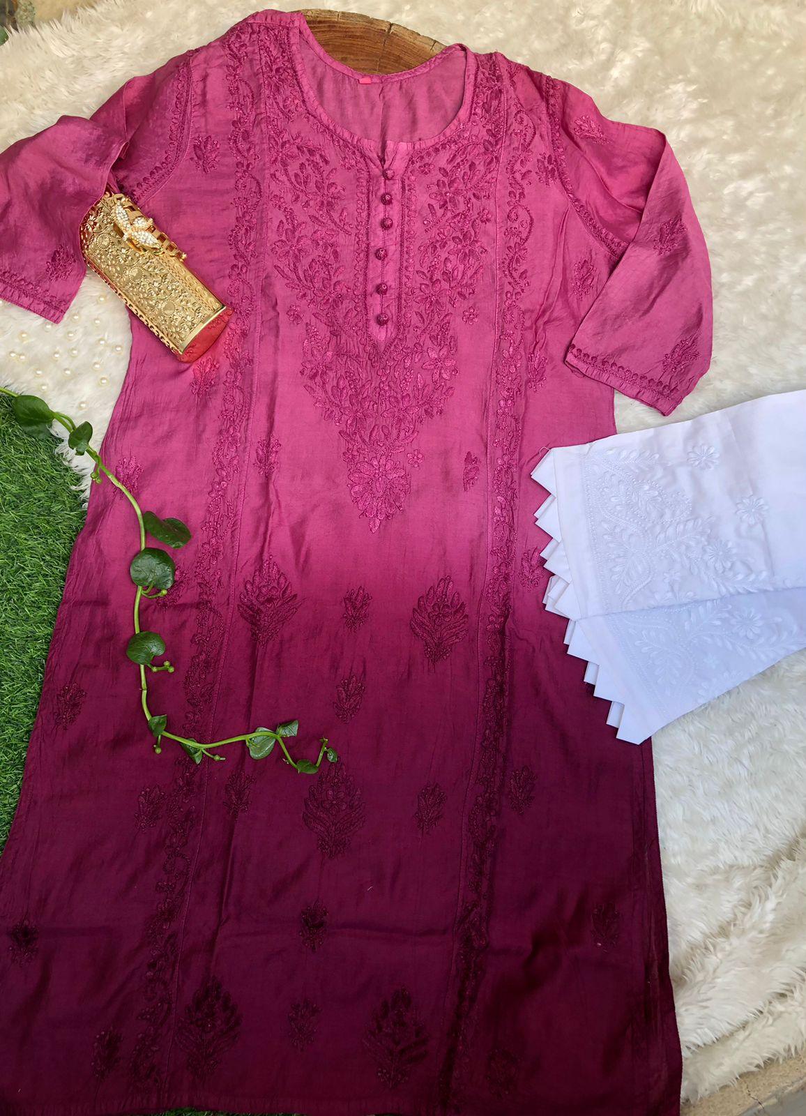 Wine Chanderi Charm: Dyeable Kalidaar Kurti with Lycra Chikankari Pant - Inayakhan Shop 