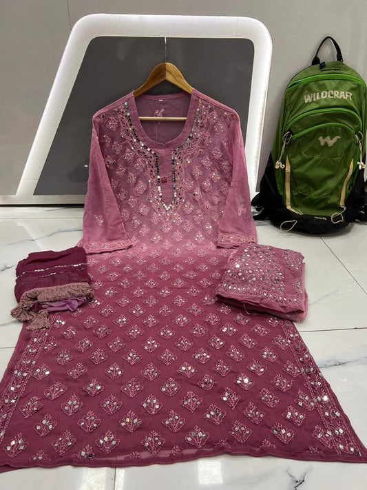 Wine Chikankari Elegance Ombré Mirror Booti Jaal Set - Kurti, Sharara & Dupatta - Inayakhan Shop 