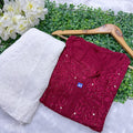 Wine Color Elegance in Rayon Mukaish Hand-Embroidered Kurti and Free-Size Sharara Set