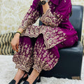 Wine Eid Special Designer Gold Zari Embroidered Afghani Co-Ord Set