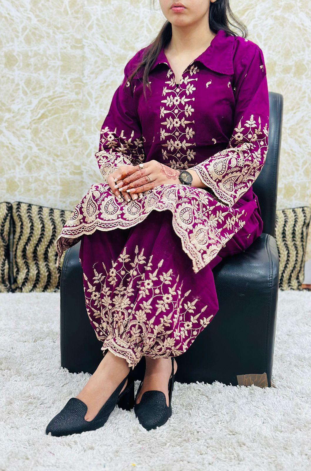 Wine Eid Special Designer Gold Zari Embroidered Afghani Co-Ord Set - Inayakhan Shop 