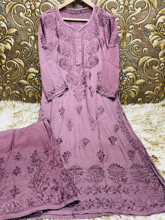 Wine Elegant Euphoria: Luxe Lucknowi Chikankari Modal Palazzo Set - Inayakhan Shop 