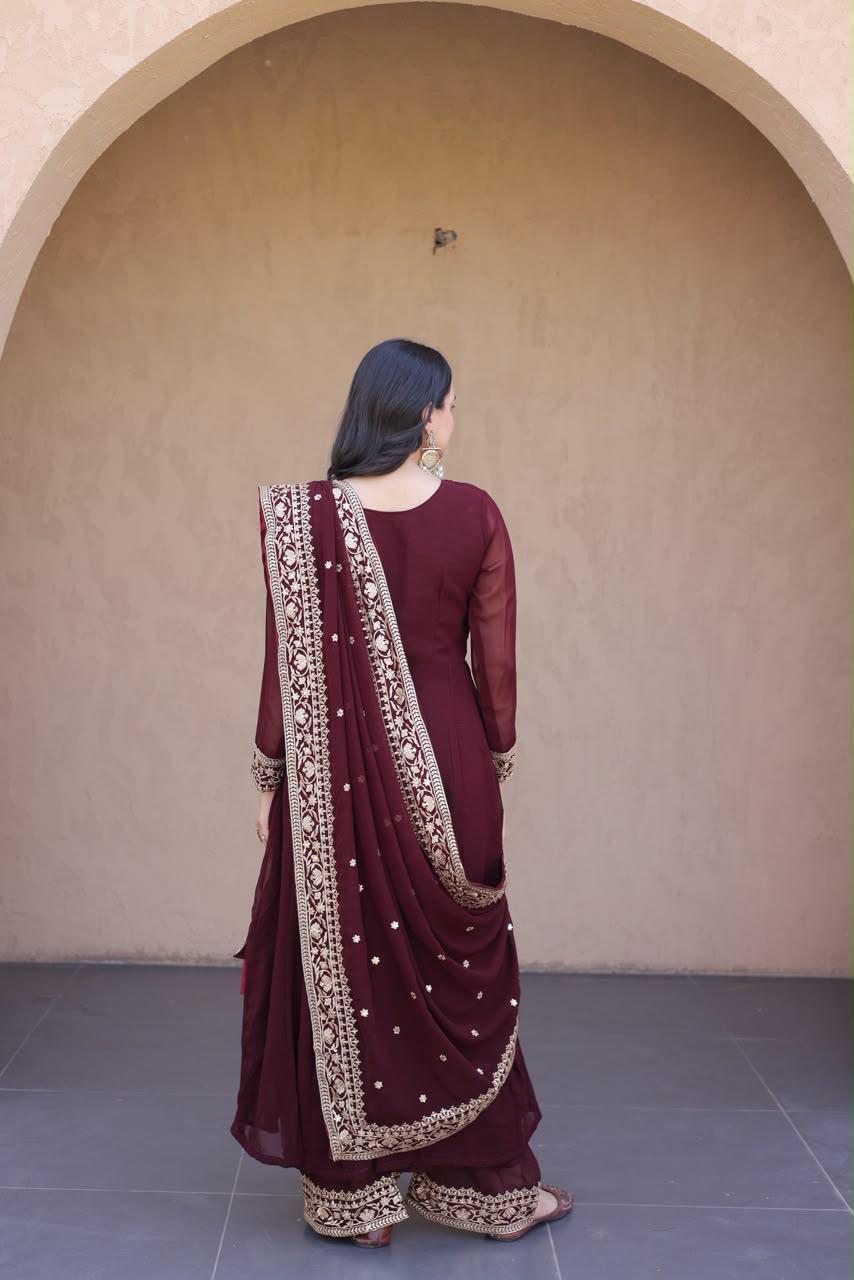 wine embroidered Anarkali gown and dupatta back view
