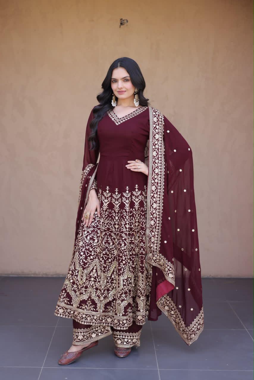 wine embroidered multi sequin Anarkali gown with pant and dupatta
