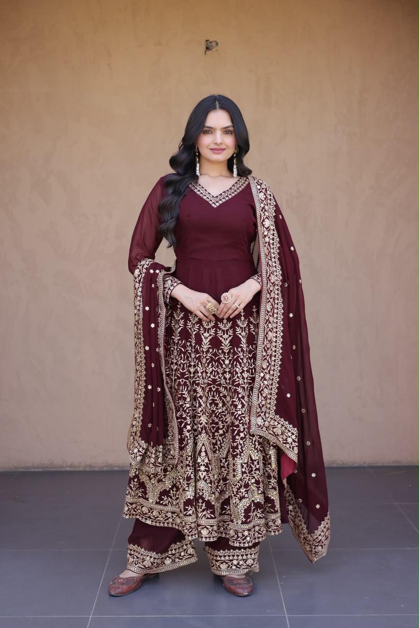 wine faux blooming embroidered sequin gown pant dupatta set full front view