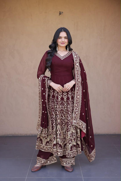 wine faux blooming embroidered sequin gown pant dupatta set full front view