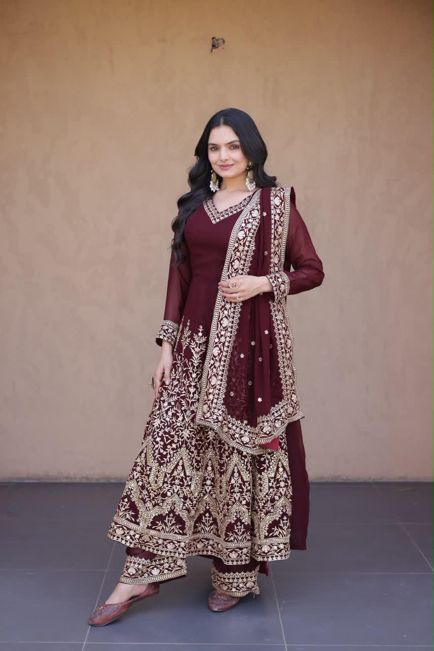 wine faux blooming embroidered gown set side pose