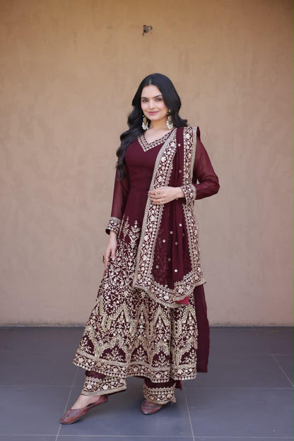 wine faux blooming embroidered gown set side pose
