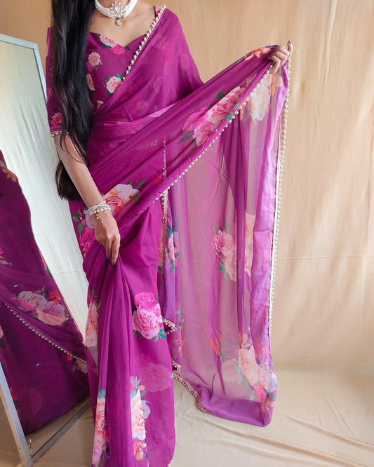 Wine Floral Summer Classy Georgette Printed Saree with Pearl Lace Border - Inayakhan Shop 