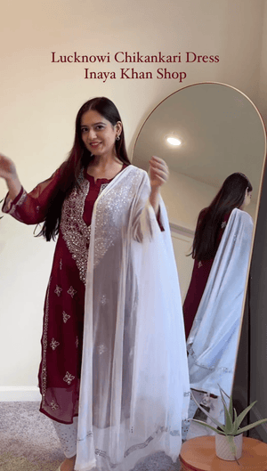 Wine Georgette Mirror Gala Booti Chikankari Set with Beautiful Handwork Embroidery