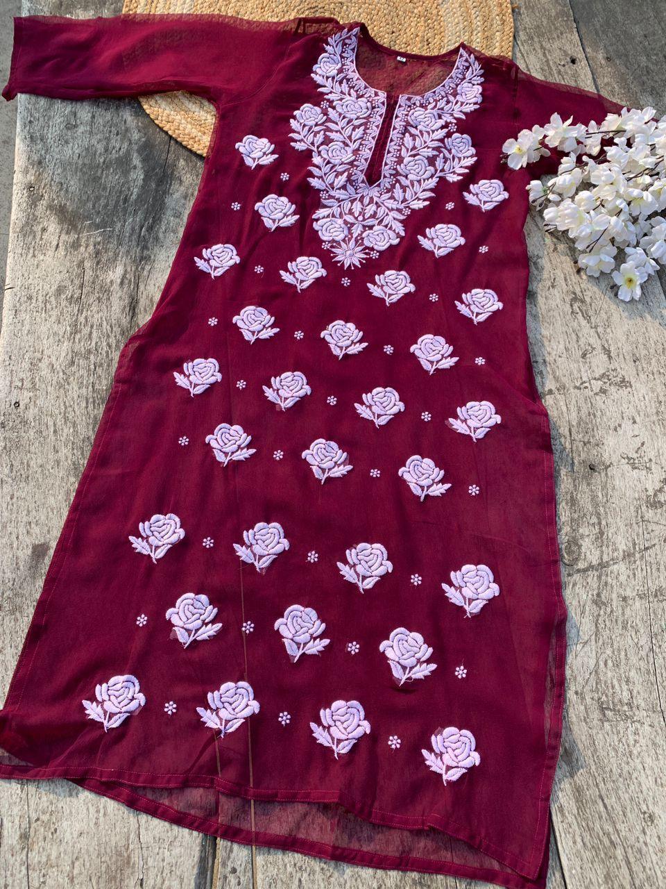 Wine 🌹 Georgette Rose Keel Long Kurtis 🌹 Inner included - Inayakhan Shop 