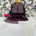 Wine Glimmering Georgette Mirror Work Short Gown, Dupatta, and Sharara Full Combo Set