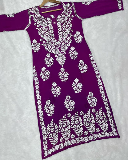 Wine Heavy Chikankari Handwork Modal Kurti , Pair it With Jeans - Inayakhan Shop 