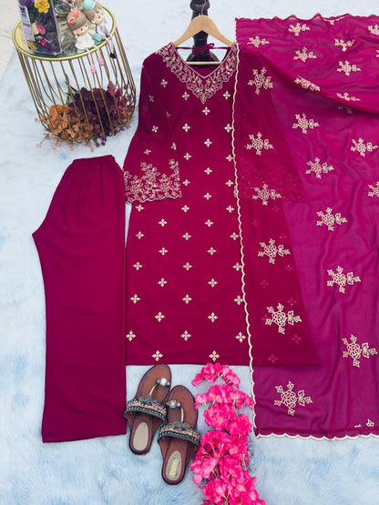 Wine Inayakhan Designer Party Wear Faux Georgette Top, Plazzo, and Dupatta Set - Inayakhan Shop 