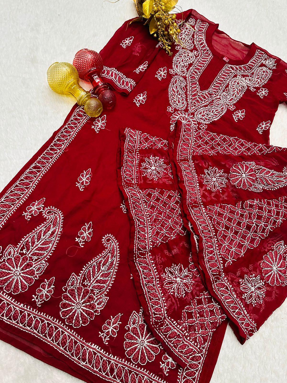 Wine Lucknawi Chikankari Georgette Kurti and Sharara Set , Dupatta and Inner Included - Inayakhan Shop 