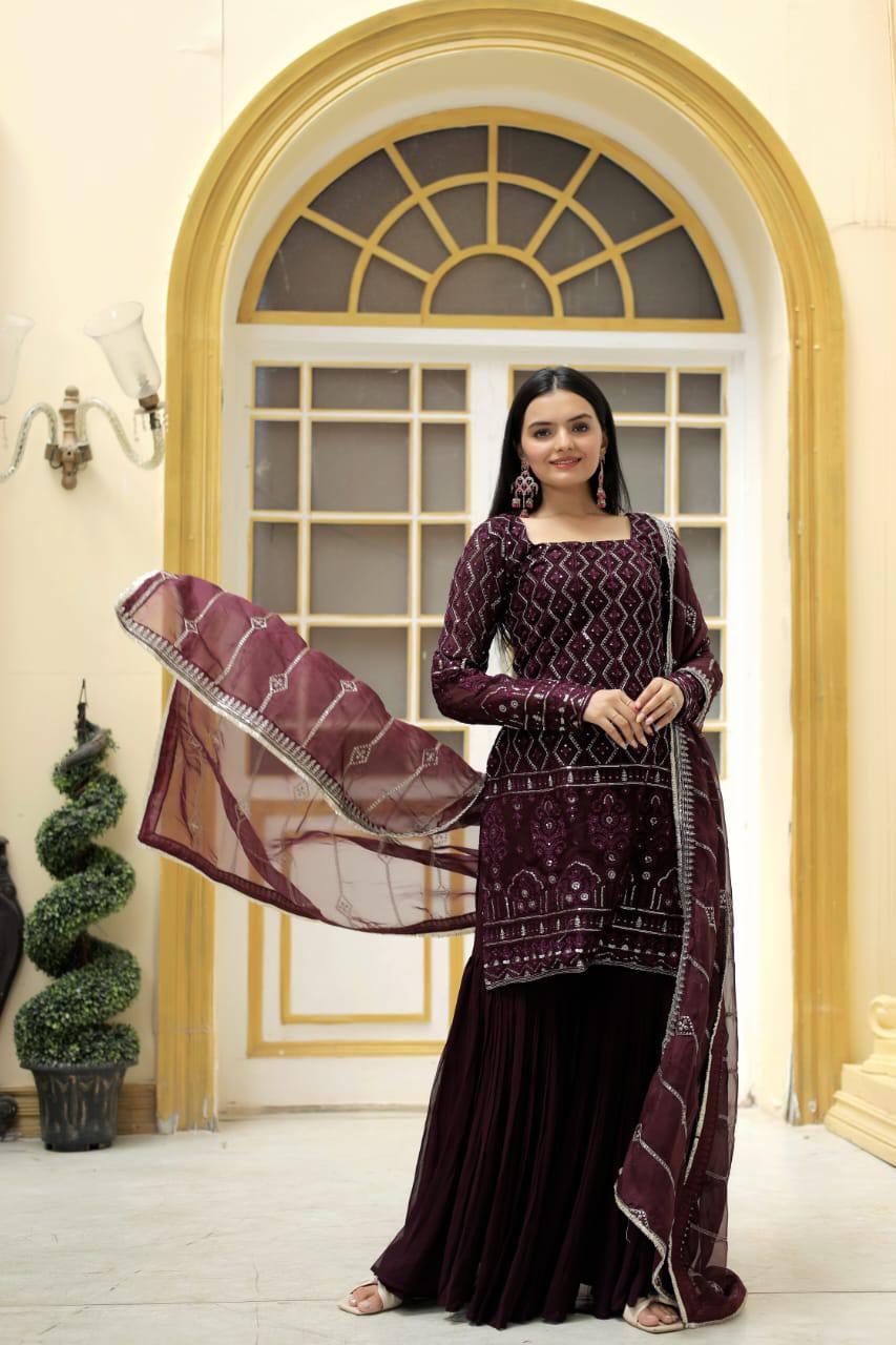 Wine Premium Designer Readymade Top Sharara Dupatta Collection Inayakhan Shop